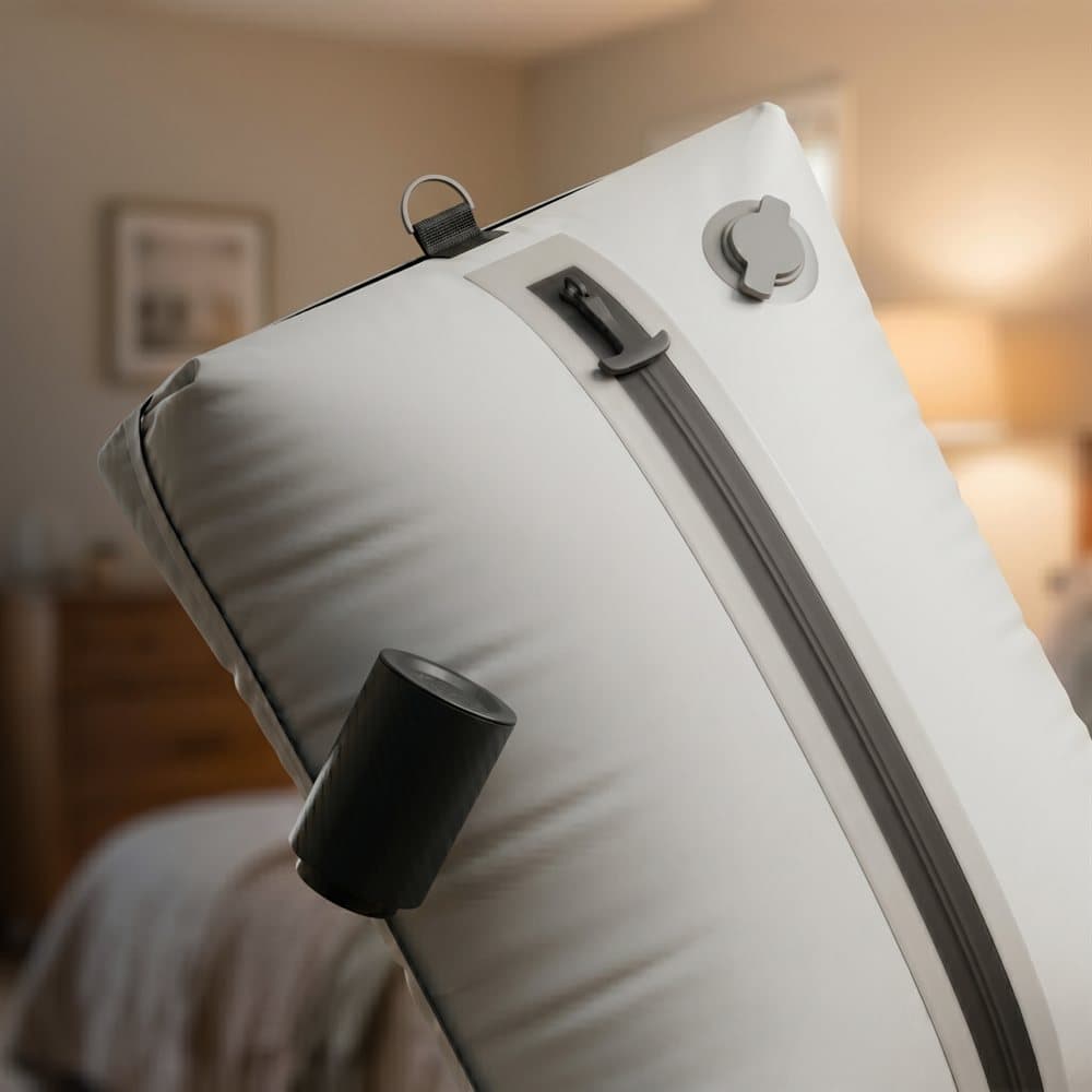Sac de voyage singope compressé sous vide avec sa pompe rechargeable, posé sur un lit